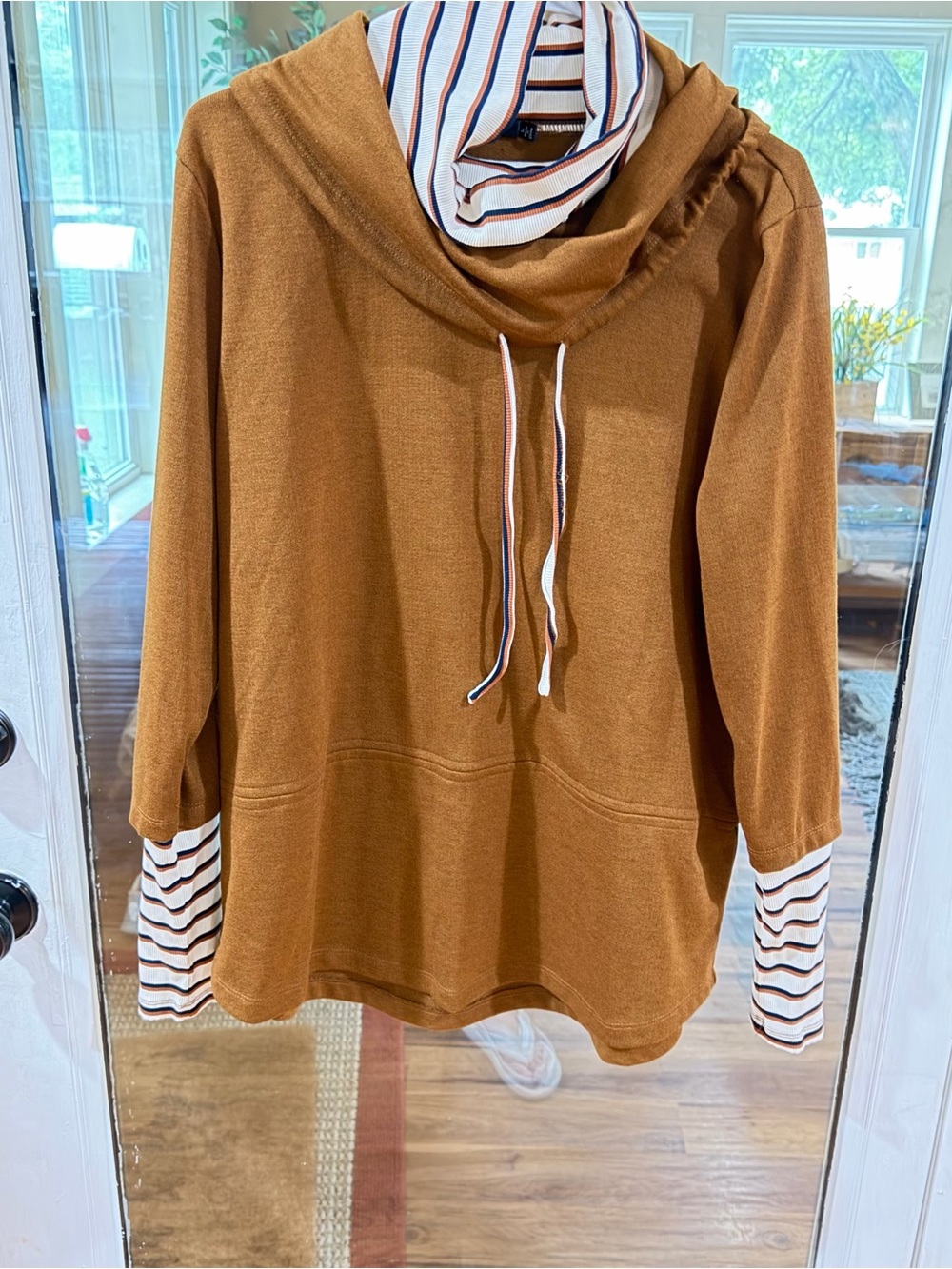 Doe & Rae Camel Layered-Look Cowl Hoodie with Striped Mock Layer